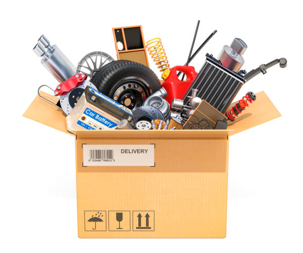istock Cardboard box, parcel with car parts. 3D rendering isolated on white background 960604322