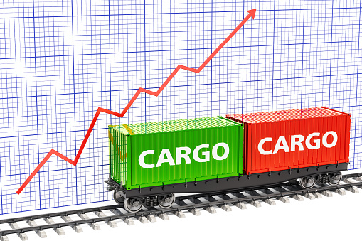 Growth of freight traffic concept. Freight train with cargo containers with growing chart. 3D rendering.