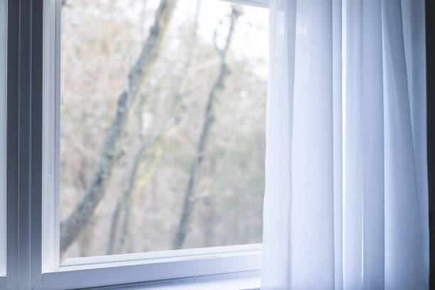 istock Closeup of plain white window curtains blinds in blue room interior indoors with wind decoration, outside bare tree branches in winter 960604794