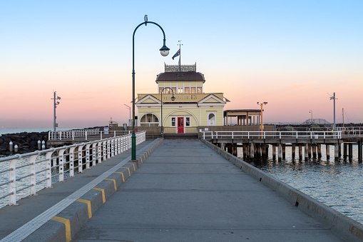 Pavilion building on old coastal pier at St Kilda close to the Australian city of Melbourne