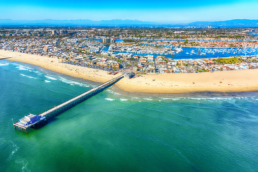 Aerial view of the city of Newport Beach, California located in northern Orange County.