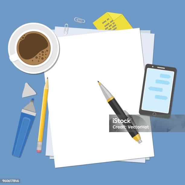 Blank Sheets Of Paper On The Desktop View From Above Of Blank Sheets Of Paper Pen Pencil Marker Smart Phone Stickers Coffee Cup Stock Illustration - Download Image Now