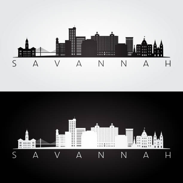 savannah usa skyline und wahrzeichen silhouette, schwarz / weiß design, vektor-illustration. - tourist grafiken stock-grafiken, -clipart, -cartoons und -symbole
