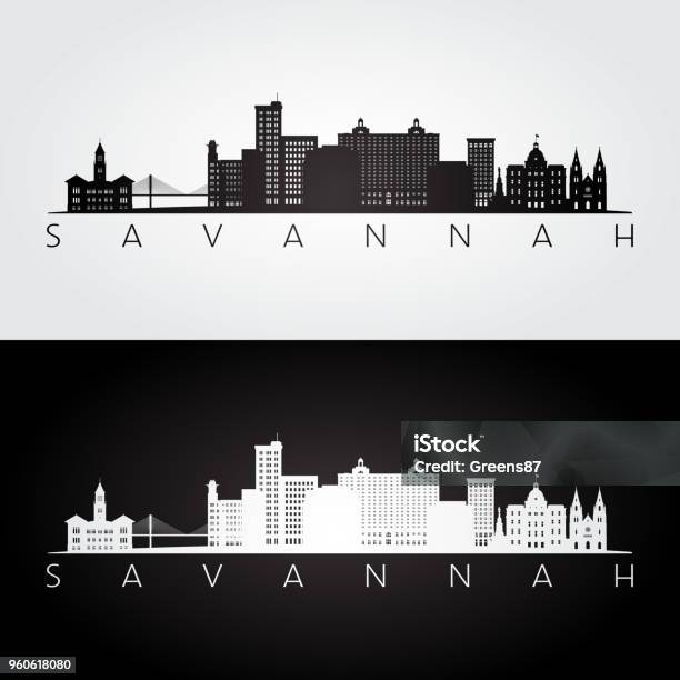 Savannah Usa Skyline Und Wahrzeichen Silhouette Schwarz Weiß Design Vektorillustration Stock Vektor Art und mehr Bilder von Savanne