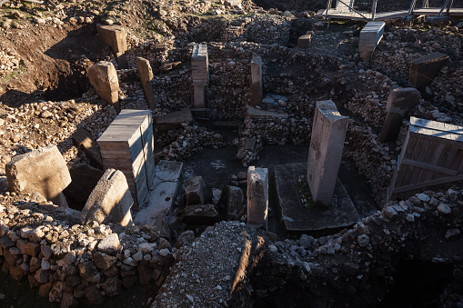 Ancient ruins of Gobekli Tepe, near Sanliurfa, Turkey. Shot in eraly stage of excavations in daylight with a full frame DSLR camera.No people are seen in frame.