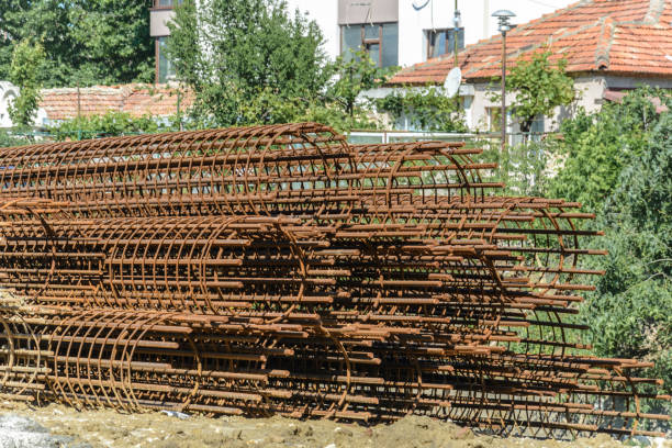 round cage stack of rebar reinforcement  on a field