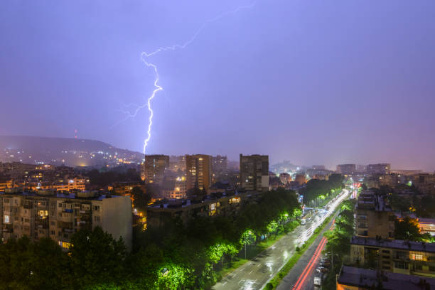 istock Lightning and storm over Varna, Bulgaria, Night cityscape. 960630706