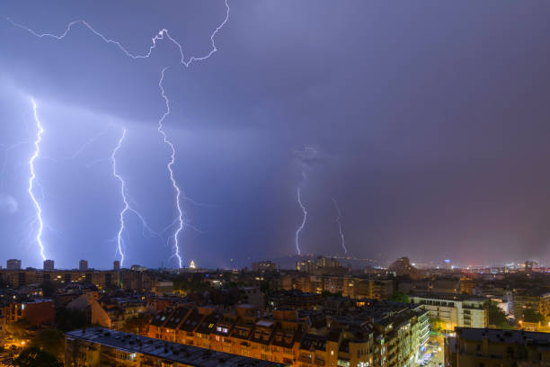 istock Lightning and storm over Varna, Bulgaria, Night cityscape. 960630728