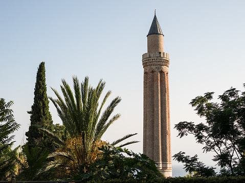 External view of Yivli Minaret in Antalya, Turkey. No people are seen in frame. Shot in daytime with a medium format camera.