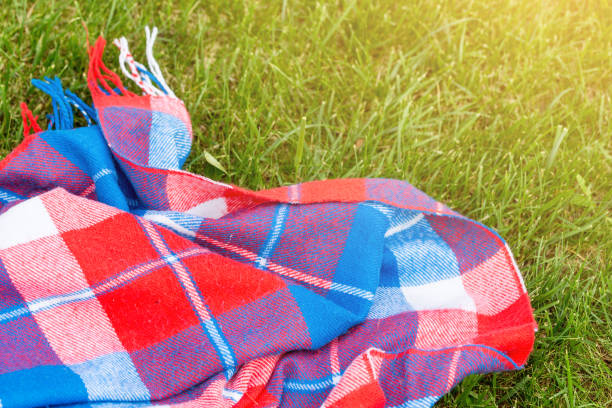 istock Checkered bright blanket on fresh grass lawn. Vibrant red, green and blue colors. Top view. Copyspace 960637046