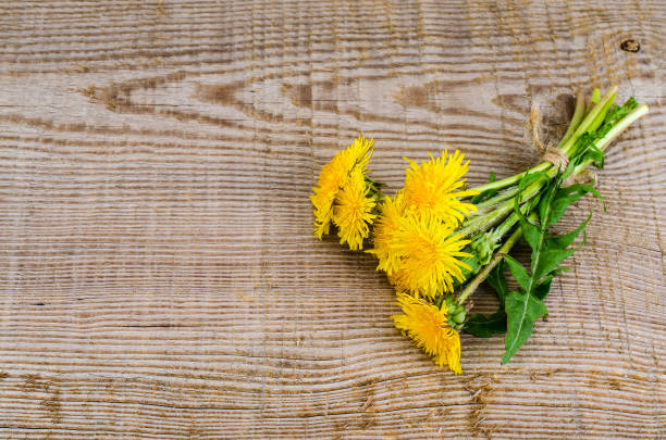 istock Yellow blossoming dandelions on wooden surface 960640812