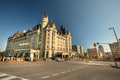 Ottawa, Canada - September 17, 2017:  Downtown Wellington Street Ottawa, Canada across from Parliament Hill and looking towards the Fairmont Château Laurier.  Ottawa is the capital of Canada.
