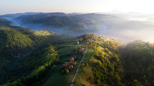 aerial view of spring in transylvania, romania - transylvania imagens e fotografias de stock