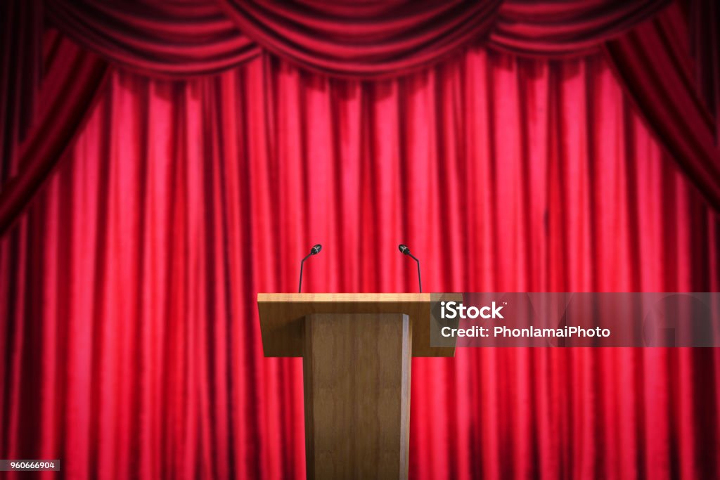 podium with microphone 3d rendering wooden podium with microphone on red curtain background Lectern Stock Photo