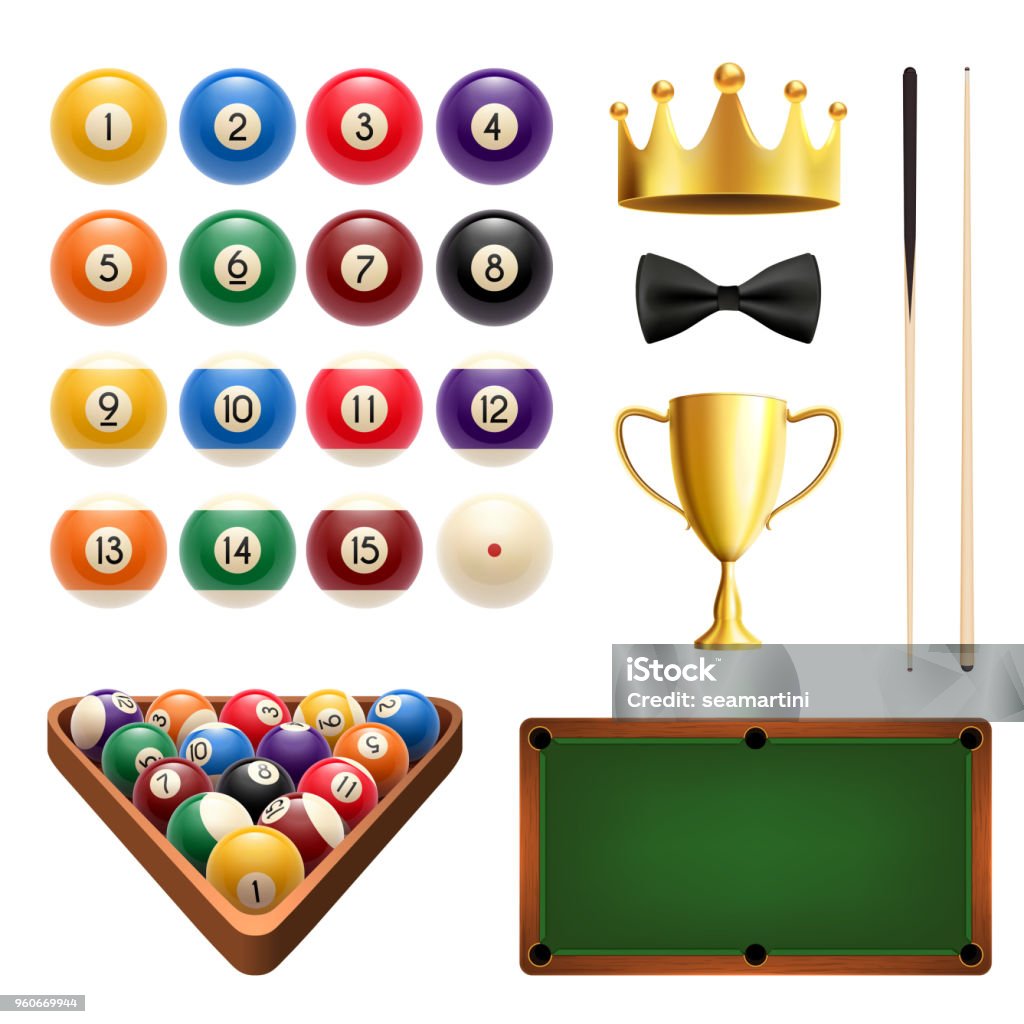 Billiards sport 3d icon with ball, cue and table - Royalty-free Bilhar - Desporto com taco arte vetorial
