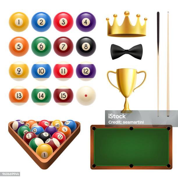 Billiards Sport 3d Icon With Ball Cue And Table - Arte vetorial de stock e mais imagens de Bilhar - Desporto com taco - Bilhar - Desporto com taco, Mesa - Mobília, Competição