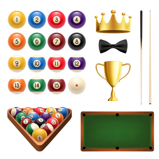 Billiards sport icon set with snooker game equipment and item. Billiard, snooker and pool ball with cue, green table and triangle, winner trophy cup and golden crown 3d symbol for pool room design