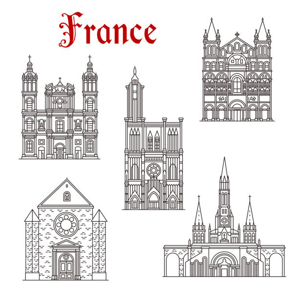 ilustraciones, imágenes clip art, dibujos animados e iconos de stock de icono de señal de viaje francés del edificio religioso - strasbourg cathedral