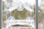 One empty small glass plastic bird feeder with suction cups against window closeup during winter snow in Virginia, snowflakes, sunflower seeds, nobody
