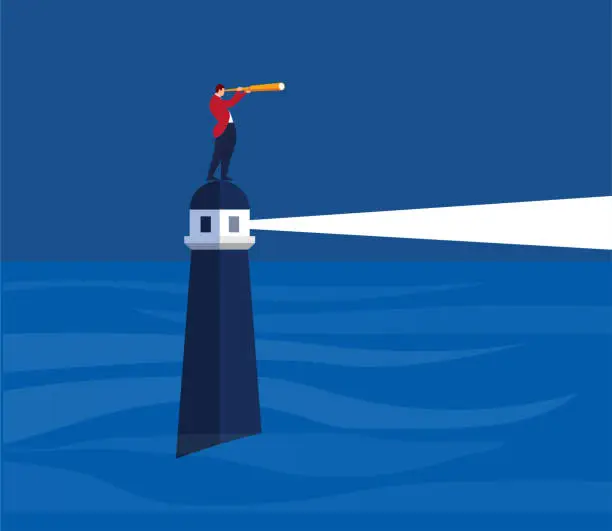 Vector illustration of Businessman looks into the distance along the lights of the lighthouse