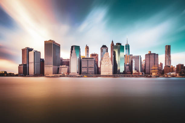 Water and clouds blur in this long exposure shot of Manhattan, NYC. USA