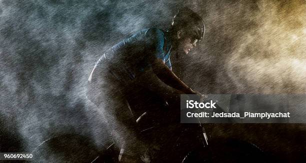 Cyclist Cycling On Mountain Bike Stock Photo - Download Image Now - Cycling, Rain, Bicycle