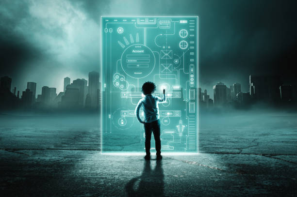 istock Man using digital hologram screen in a city background. 960695608