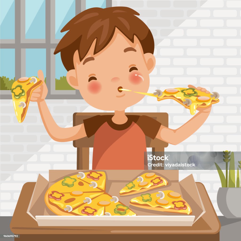 Niño comiendo una pizza - arte vectorial de Comer libre de derechos