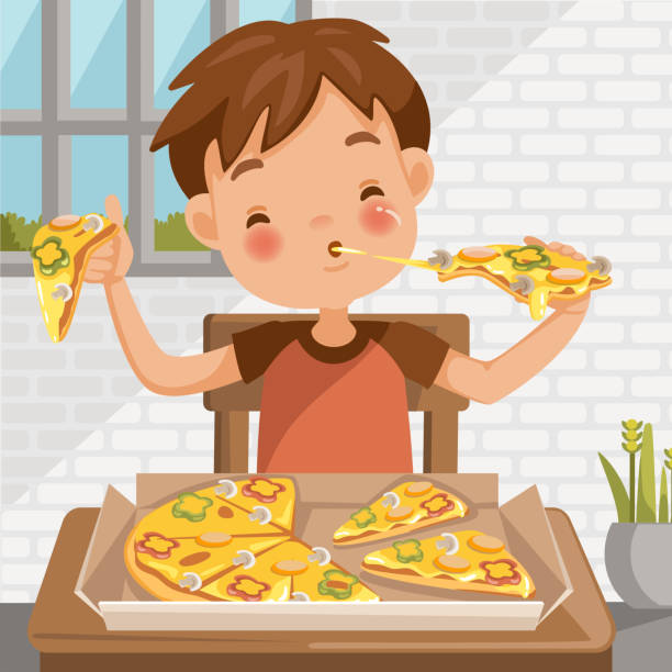 chłopiec jedzący pizzę - house home interior small human hand stock illustrations