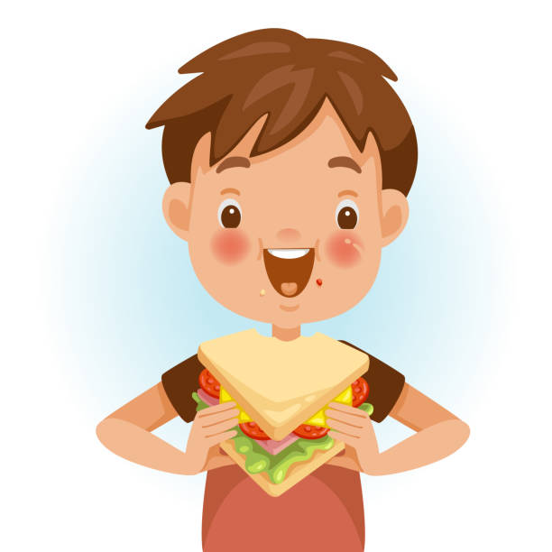 ilustrações de stock, clip art, desenhos animados e ícones de boy eating sandwich - burger sandwich hamburger eating