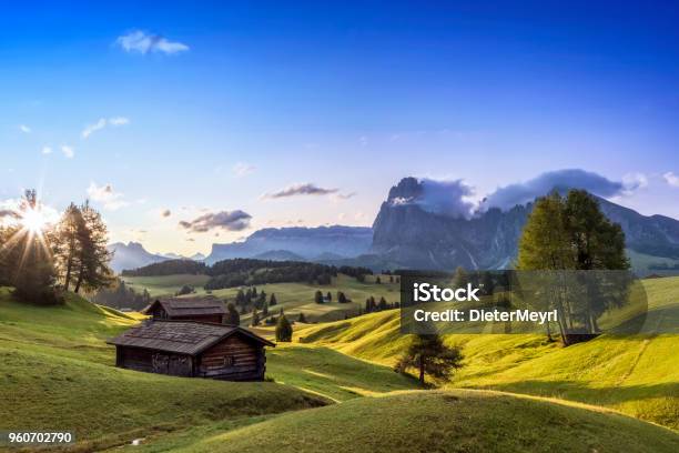 Alpe Di Siusi Südtirol Italien Stockfoto und mehr Bilder von Blockhütte - Blockhütte, Berg, Landschaft