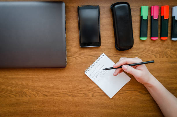 istock White notepad hand girl writing on a wooden table texture background. Laptop and phone for work. Concept art, design, success, idea, start-up, at work, education 960707628