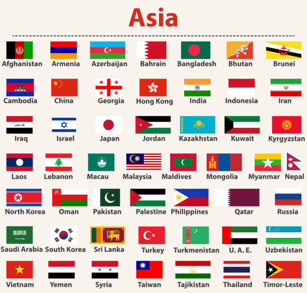zestaw wektorowy flag azjatyckich ułożonych w kolejności alfabetycznej - alphabetical order obrazy stock illustrations