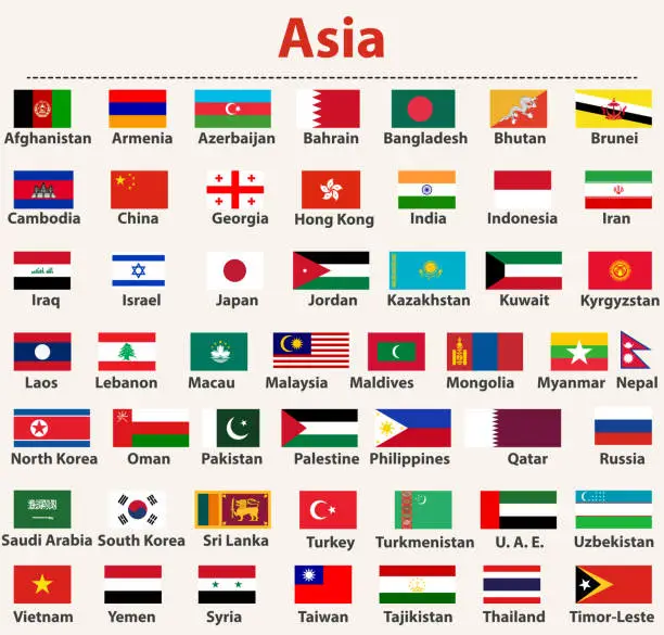 Vector illustration of vector set of asian flags arranged in alphabetical order