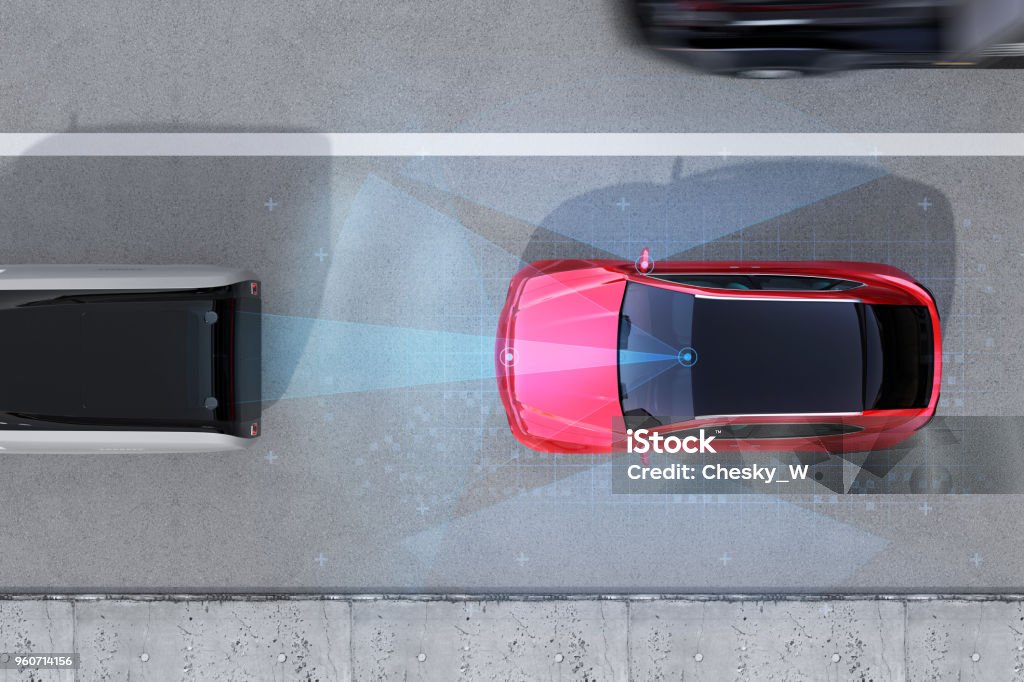 Vista aérea de rojo SUV frenado de emergencia para evitar accidente - Foto de stock de Coche libre de derechos