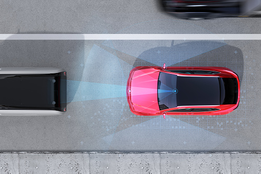 Aerial view of red SUV emergency braking to avoid car crash. Automatic Emergency Braking (Emergency brake system) concept. 3D rendering image.