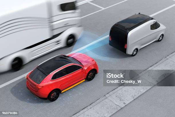 Red Suv Emergency Braking To Avoid Car Crash Stock Photo - Download Image Now - Accidents and Disasters, Automatic, Autonomous Technology