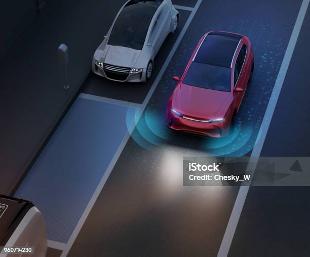 Autonomous Suv Is Parallel Parking Into Parking Lot At Roadside Stock Photo - Download Image Now