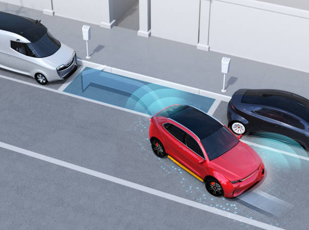 Autonomous SUV is parallel parking into parking lot at roadside Autonomous SUV is parallel parking into parking lot at roadside. Left-hand traffic scene. Intelligent Parking Assist System concept. 3D rendering image. 3d city street stock pictures, royalty-free photos & images