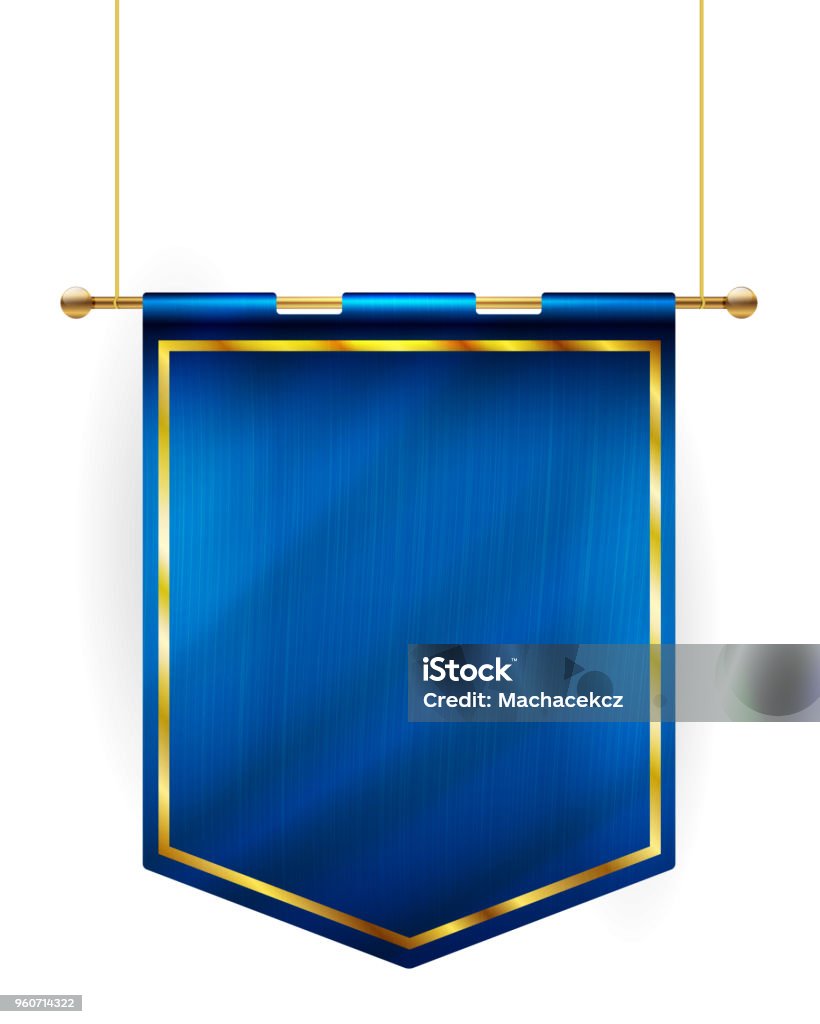 Średniowieczna niebieska flaga wisząca na złotym słupie - Grafika wektorowa royalty-free (Baner)