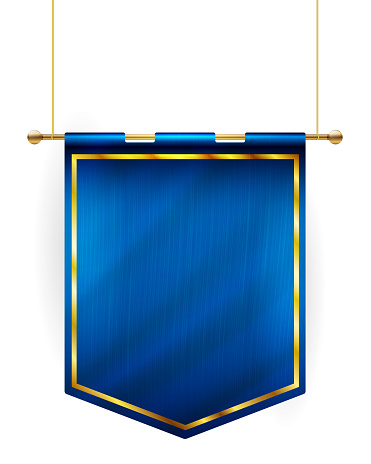 Medieval style blue flag hanging on gold pole - isolated on white background. Vector illustration.