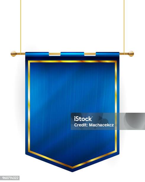 Medieval Style Blue Flag Hanging On Gold Pole Stock Illustration - Download Image Now - Banner - Sign, Flag, Blue