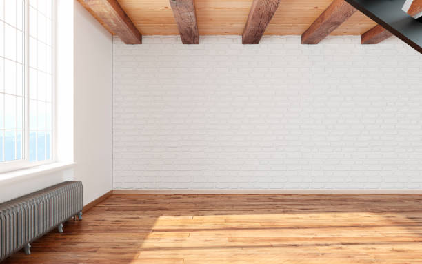 広い窓に白い壁、レンガ、木製の梁、床の空の部屋ロフトのインテリア。3 d レンダリング図モックアップ。 - loft apartment design studio office studio ストックフォトと画像