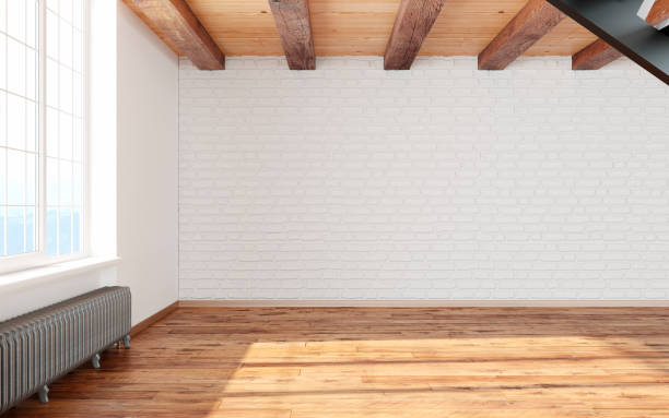 istock Empty room loft interior with big window white walls, bricks, wooden beams and floor. 3d render illustration mock up. 960716632