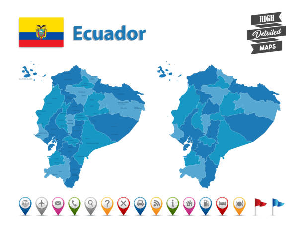 ilustraciones, imágenes clip art, dibujos animados e iconos de stock de ecuador - mapa detallado alta con gps icon collection - ecuador