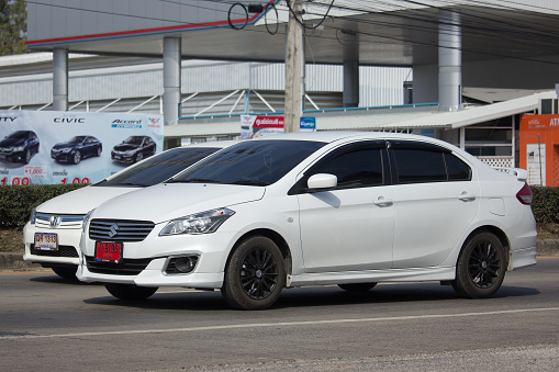 Chiangmai, Thailand - January 19, 2018: Private Eco car, Suzuki Ciaz. Photo at road no 121 about 8 km from downtown Chiangmai, thailand.