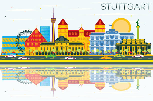stuttgart-deutschland-skyline mit farbe gebäuden, blauer himmel und reflexionen. - stuttgart stock-grafiken, -clipart, -cartoons und -symbole