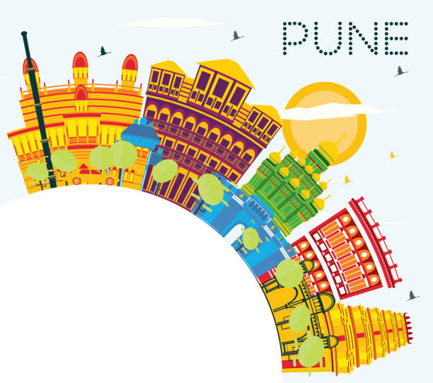 Pune India Skyline with Color Buildings, Blue Sky and Copy Space. Pune India Skyline with Color Buildings, Blue Sky and Copy Space. Vector Illustration. Business Travel and Tourism Concept with Historic Buildings. Pune Cityscape with Landmarks. pune-landmark stock illustrations