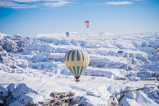 Snow landscape, or snowscape, and ballooning with vivid blue sky via bird-eye-view