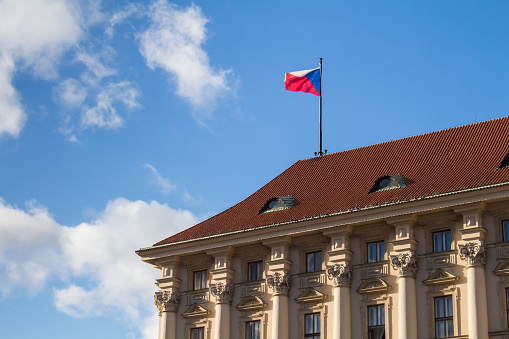 Prague, Czech Republic - July 10, 2020: Flags near Hotel InterContinental Praga.